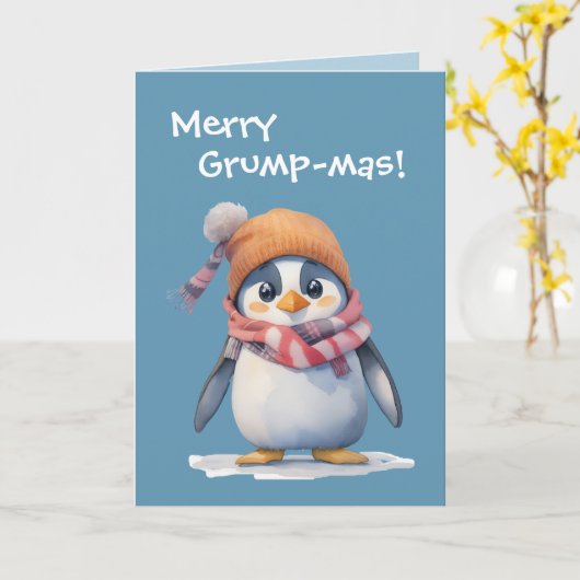 Grappige Grumpy Penguin Grinch Kerstvakantie Kaart (Gele Bloem)
