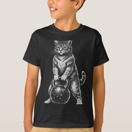 Grappige gym kat kettlebell instructeur dier t-shirt (Voorkant)