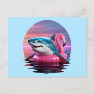 Grappige haai in Flamingo Pool Float Vaporwave Feestdagenkaart