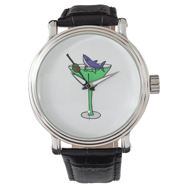 Grappige haai in groen Martini glas Horloge (Voorkant)