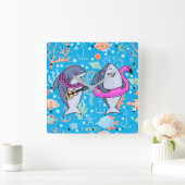 Grappige haai onderzeese koraal partij ukulele vierkante klok (Huis)