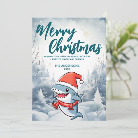 Grappige Haai Vrolijk Kerstboom sneeuw Vakantie fe Feestdagenkaart (Staand voorkant)