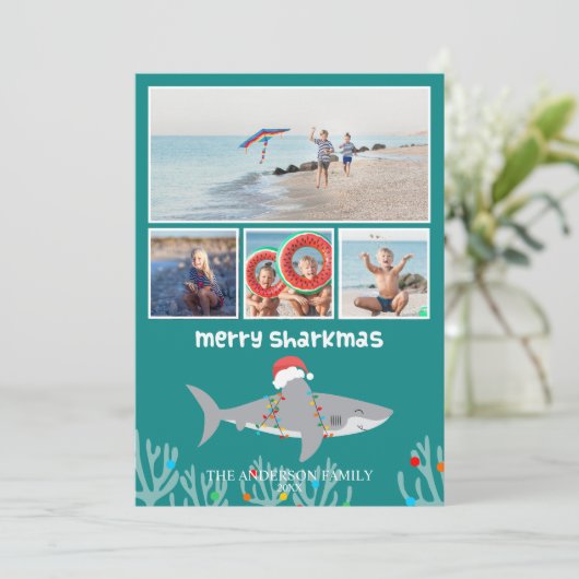 Grappige Haaien Foto Kerst Platte Vakantiekaart Feestdagenkaart (Staand voorkant)