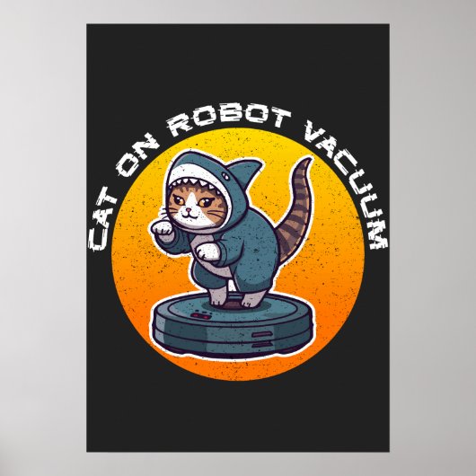Grappige Haaienkat Op Robotstofzuiger Retro Meme K Poster (Voorkant)