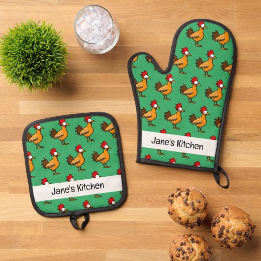 Grappige haan kip (naam) ovenwant & pannenlap set (Top down)
