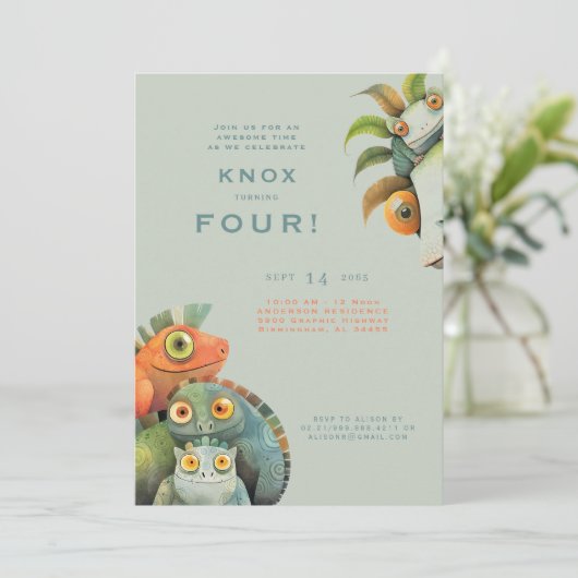 Grappige hagedis 4e verjaardag party uitnodiging (Staand voorkant)