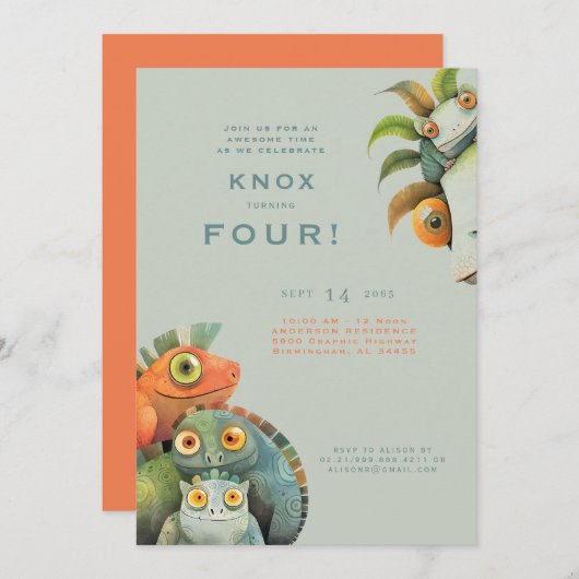 Grappige hagedis 4e verjaardag party uitnodiging (Voorkant / Achterkant)
