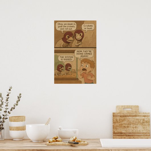 Grappige hagedis misdaad heist comic - krekels of  poster (Keuken)