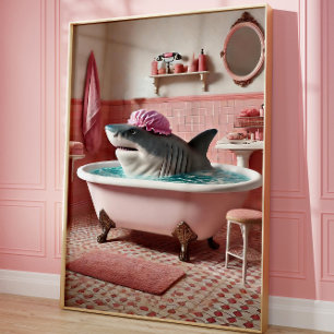 Grappige Haifish in Badkuip Roze Badkamer Poster