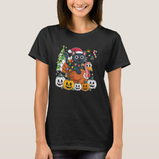 Grappige HalloThanksMas Zwarte Katten Kerstman Hoe T-shirt