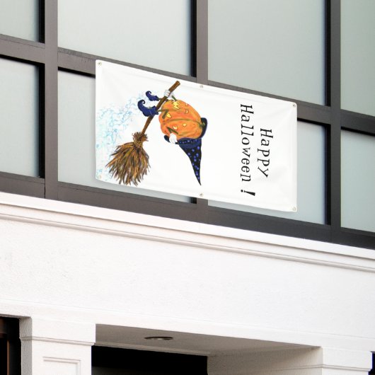 Grappige Halloween Banner Witch Pumpkin Vliegen (Buitenkant Gebouw)