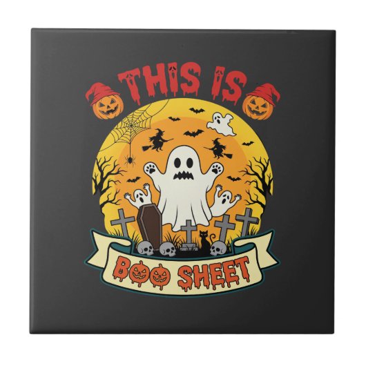 Grappige Halloween Boe Sheet Spook Kerkhof Tegeltje (Voorkant)