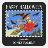 Grappige Halloween Cat Witch Bats Broomstick Schat Vierkante Sticker (Voorkant)