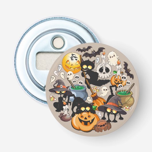Grappige Halloween Feest met Katten Button Flesopener (Voorkant)