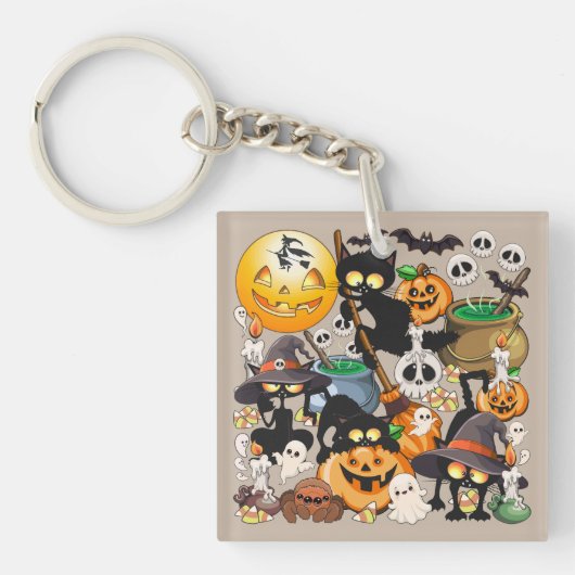 Grappige Halloween Feest met Katten Sleutelhanger (voorkant)