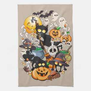 Grappige Halloween Feest met Katten Theedoek
