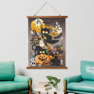 Grappige Halloween Feest voor Katten Hangend Wandkleed