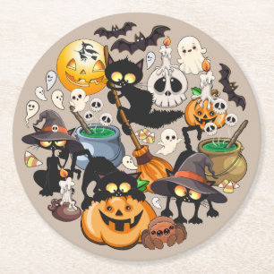 Grappige Halloween Feest voor Katten Ronde Kartonnen Onderzetter