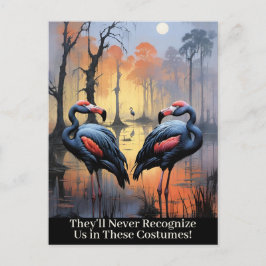 Grappige Halloween Flamingo's met Gierkostuums Feestdagenkaart
