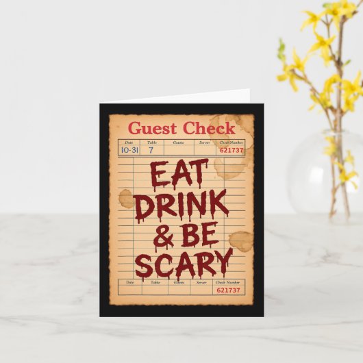 Grappige Halloween Gast Check Eet Drink en wees en Kaart (Gele Bloem)