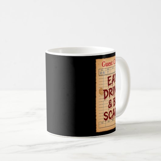 Grappige Halloween Gast Check Eet Drink en wees en Koffiemok (Voorkant rechts)