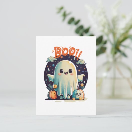 Grappige Halloween Ghost Boo in Galaxy Briefkaart (Staand voorkant)