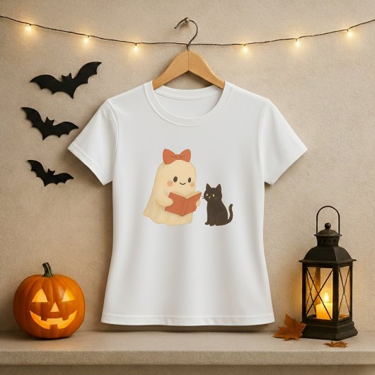 Grappige Halloween Ghost Cat Reading T-shirt