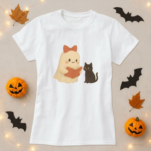 Grappige Halloween Ghost Cat Reading T-shirt