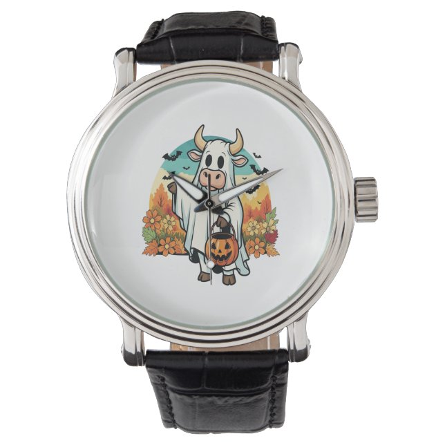 Grappige Halloween Ghost Koe Horloge (Voorkant)