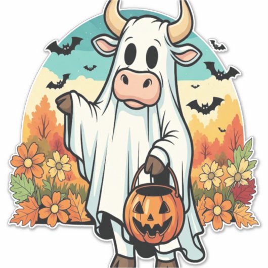 Grappige Halloween Ghost Koe Sticker (Voorkant)
