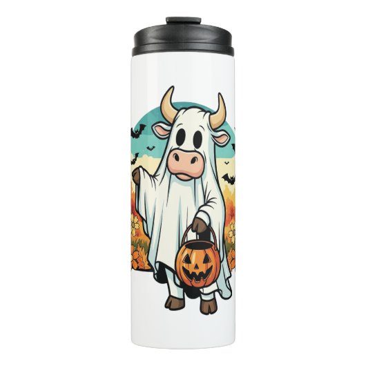 Grappige Halloween Ghost Koe Thermosbeker (Voorkant)