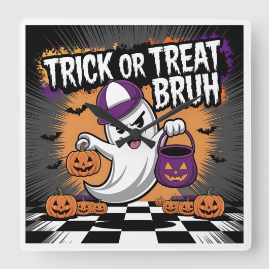 Grappige Halloween Ghost & Pumpkins Vierkante Klok (Voorkant)