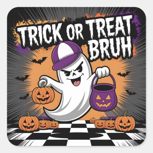 Grappige Halloween Ghost & Pumpkins Vierkante Sticker (Voorkant)