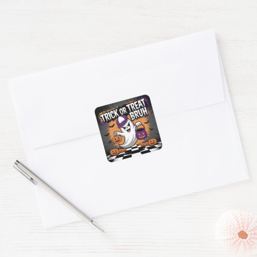 Grappige Halloween Ghost & Pumpkins Vierkante Sticker (Envelop)