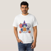 Grappige Halloween heks, skelet, pompoenen T-shirt (Voorkant volledig)