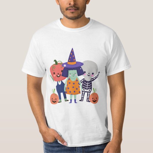 Grappige Halloween heks, skelet, pompoenen T-shirt (Voorkant)