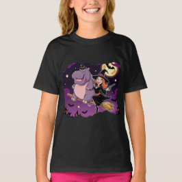 Grappige Halloween Hippo Riding Shotgun met Heks T-shirt