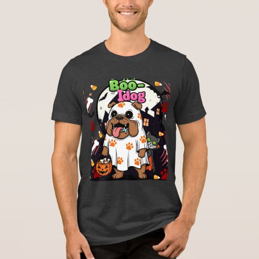 Grappige Halloween Hond "Boo Idol" Bulldog Ghost,  Tri-Blend Shirt (Voorkant)