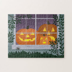Grappige Halloween Jack-o'-lantaarns in het raam Legpuzzel