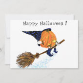 Grappige Halloween Kaart met heks pompoen vliegen (Voorkant)