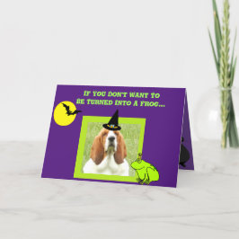 Grappige Halloween Kaart w / Basset Witch & Cauldr