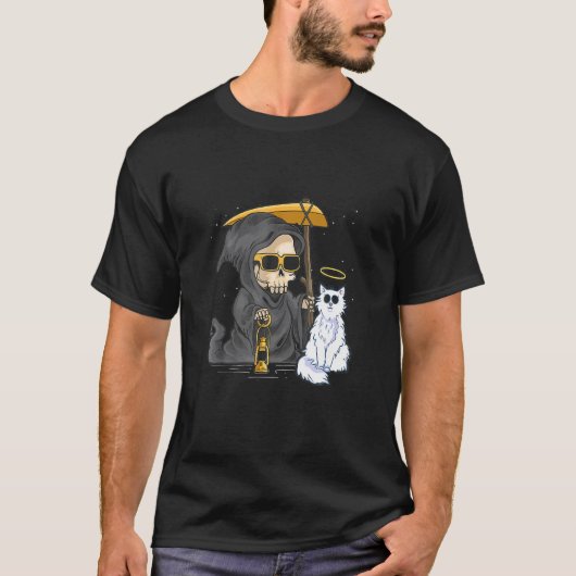 Grappige Halloween Kat Grim Reaper Geest Hoek Kitt T-shirt (Voorkant)