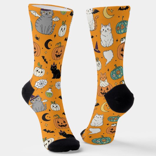 Grappige Halloween katten en pompoenen Sokken (Gebogen)
