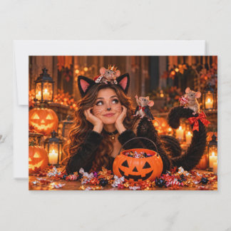 Grappige Halloween kattenkostuum en muizenkaart Feestdagenkaart