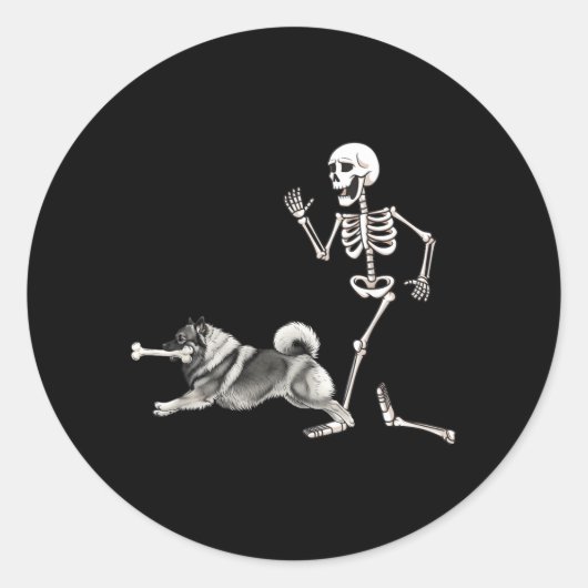 Grappige Halloween Keeshond En Skelet Ronde Sticker (Voorkant)