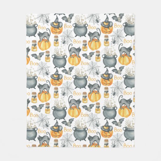 Grappige Halloween ketel en katten patroon Fleece Deken (Voorkant)