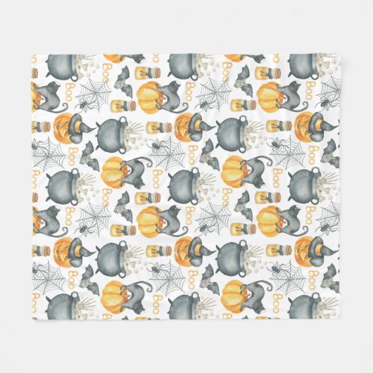 Grappige Halloween ketel en katten patroon Fleece Deken (Voorkant (Horizontaal))