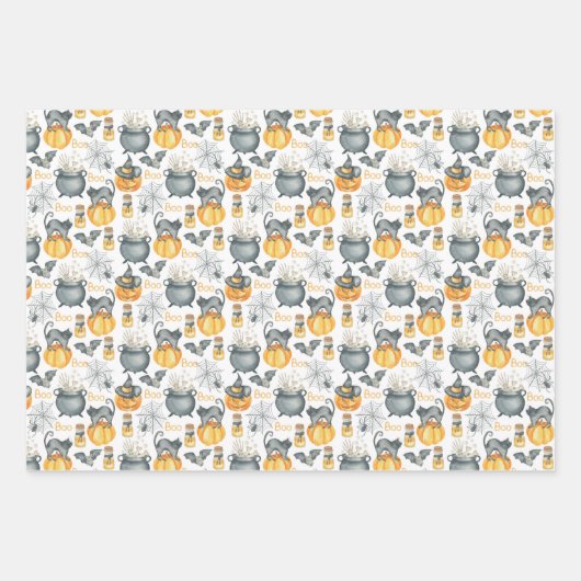 Grappige Halloween ketel en katten patroon Inpakpapier Vel (Voorkant)
