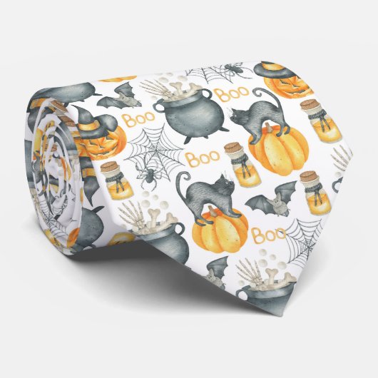 Grappige Halloween ketel en katten patroon Stropdas (Opgerold)