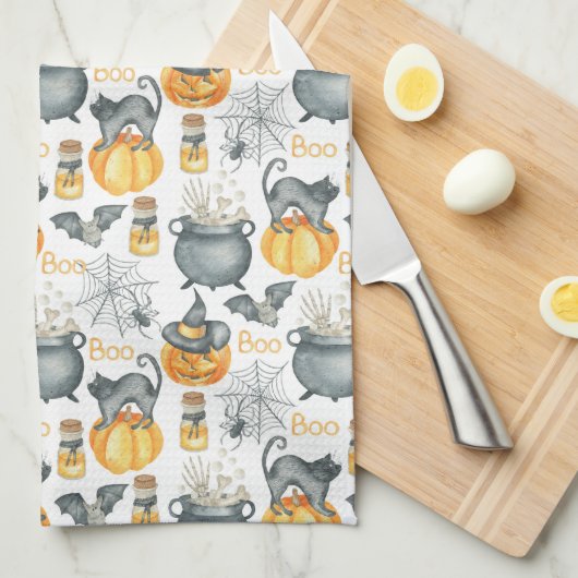 Grappige Halloween ketel en katten patroon Theedoek (Quarter Fold)